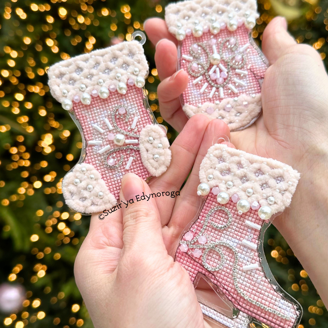 Pink Boot (Stocking) Cross Stitch Ornament Kit.