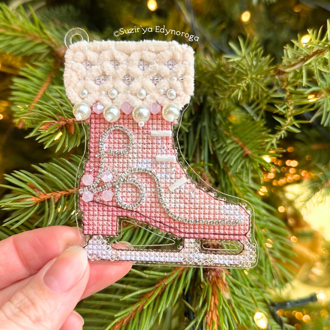 Pink Skates Cross Stitch Ornament Kit.