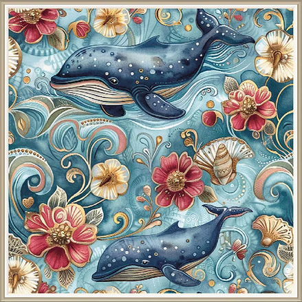 Floral Ocean Blue Whales PDF Cross Stitch Pattern Chart