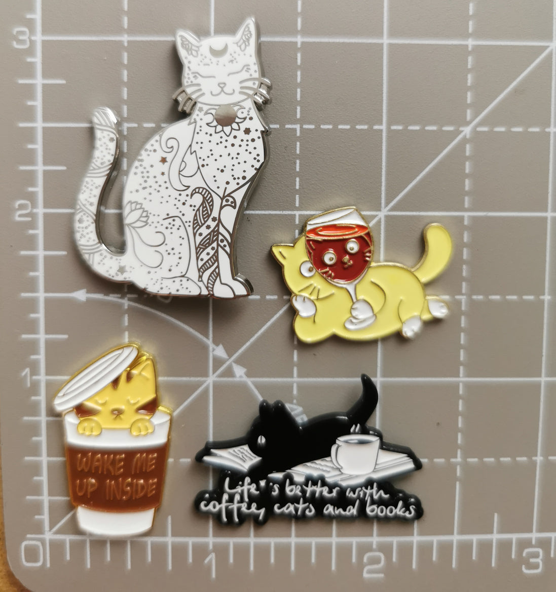 Needle Minder -  Silver Celestial Luna Cat. Coffee, Books. Drunk Red Wine Cat