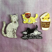 Needle Minder -  Silver Celestial Luna Cat. Coffee, Books. Drunk Red Wine Cat