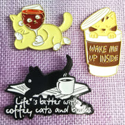 Needle Minder -  Silver Celestial Luna Cat. Coffee, Books. Drunk Red Wine Cat