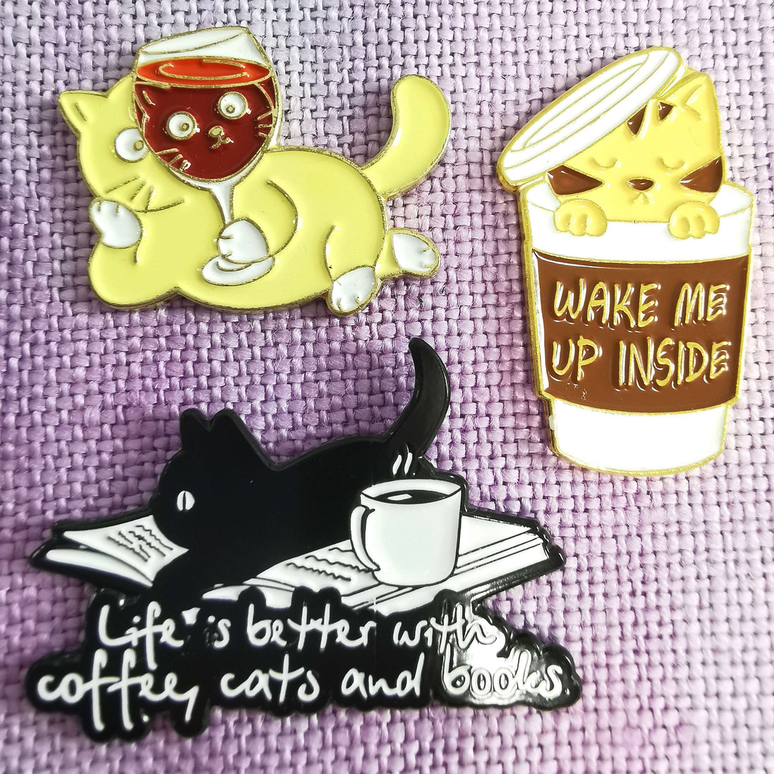 Needle Minder -  Silver Celestial Luna Cat. Coffee, Books. Drunk Red Wine Cat