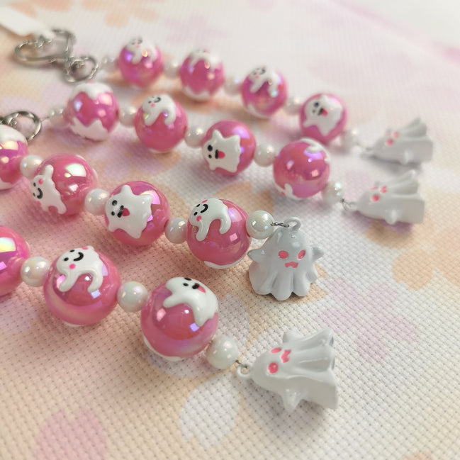 Beaded Scissor Keep. Spooky Cute Ghost Hand Decorated Beads & Heart Clasp
