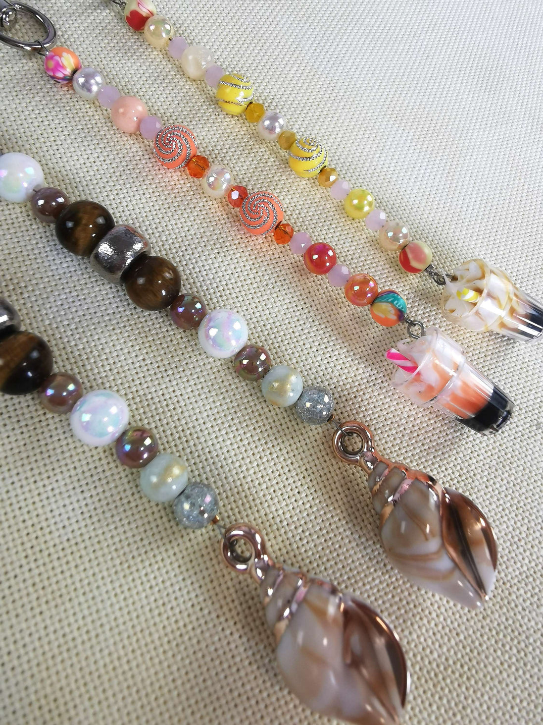 Beaded Scissor Keep. Real Shell & Tiger Eye / Fun Ice Cream Summer Sundae