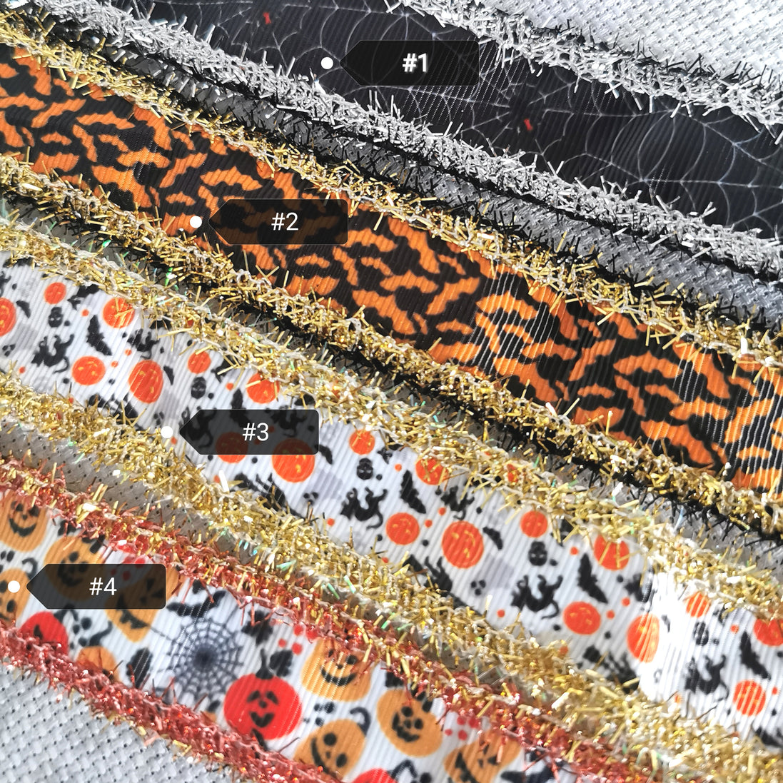 Ribbon Trim. Halloween print tinsel glitter finishing trim.