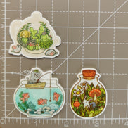 Needle Minder - Cat Fisherman, Bottled Bunny, Teapot Terrarium Cactus & Mice.
