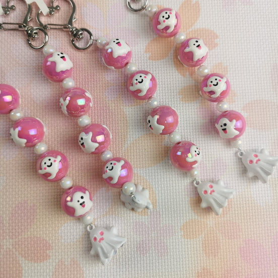 Beaded Scissor Keep. Spooky Cute Ghost Hand Decorated Beads & Heart Clasp