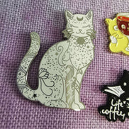 Needle Minder -  Silver Celestial Luna Cat. Coffee, Books. Drunk Red Wine Cat