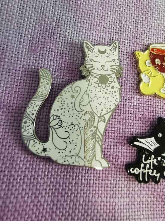 Needle Minder -  Silver Celestial Luna Cat. Coffee, Books. Drunk Red Wine Cat