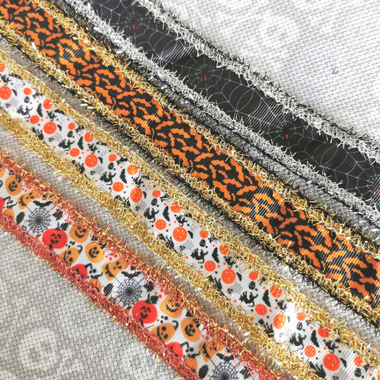 Ribbon Trim. Halloween print tinsel glitter finishing trim.