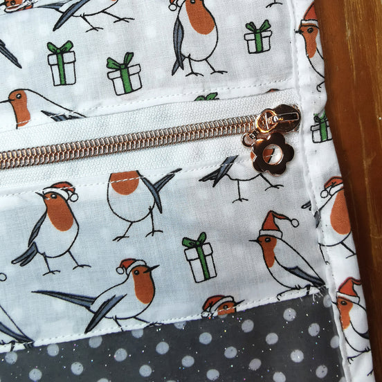 WIP Project Bag - Christmas Robin GLITTER front.  LEFT HANDED
