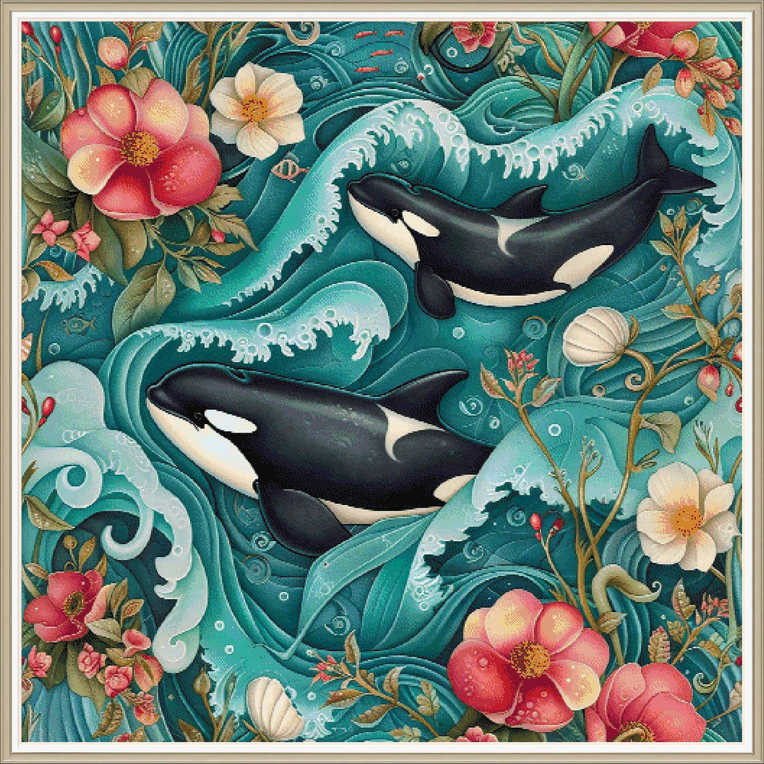 Floral Ocean Orcas PDF Cross Stitch Pattern Chart