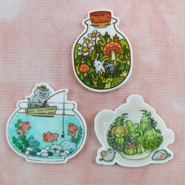 Needle Minder - Cat Fisherman, Bottled Bunny, Teapot Terrarium Cactus & Mice.