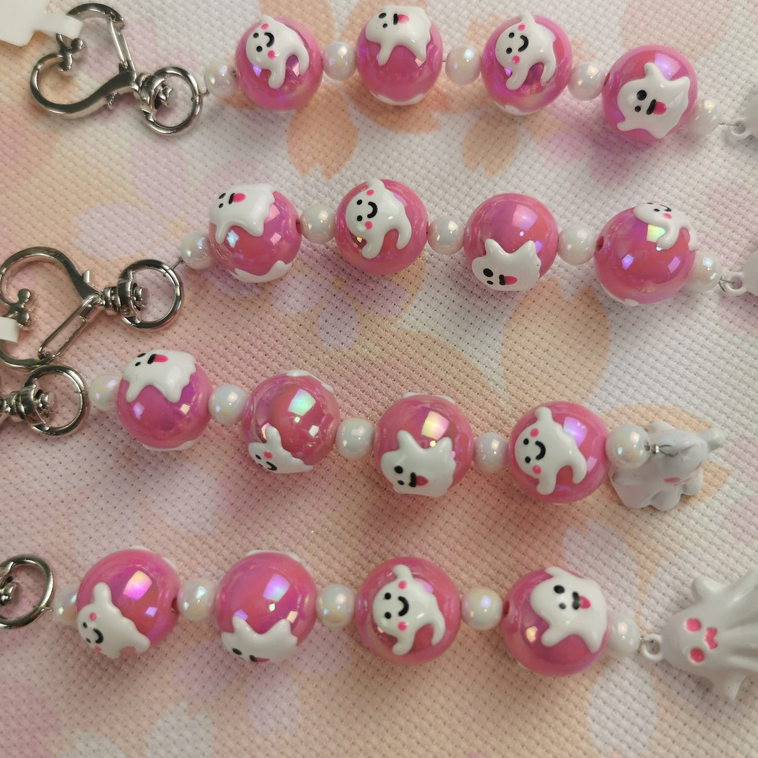 Beaded Scissor Keep. Spooky Cute Ghost Hand Decorated Beads & Heart Clasp