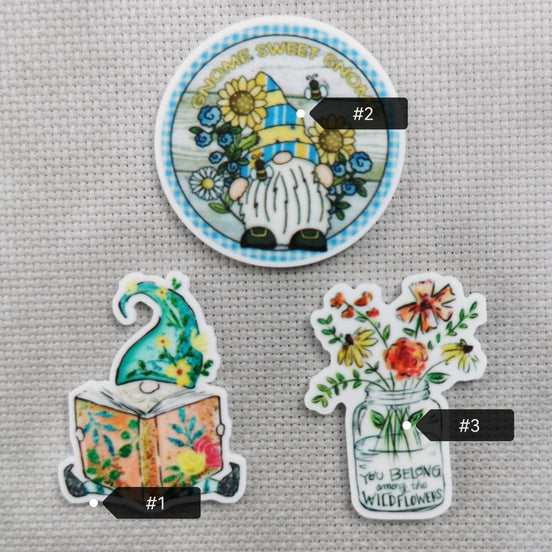 Needle Minder - Bookworm Gonk, Gnome Sweet Gnome, Wildflowers Jar.