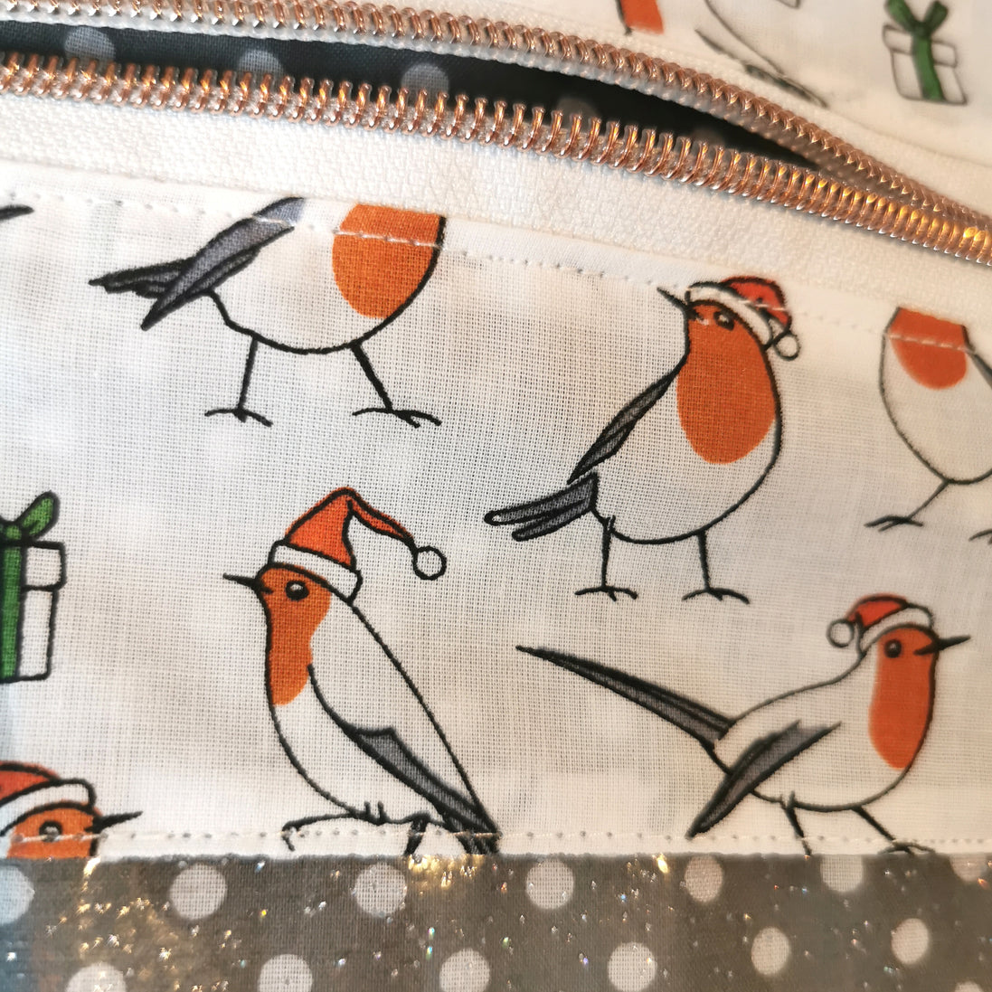 WIP Project Bag - Christmas Robin GLITTER front.  LEFT HANDED