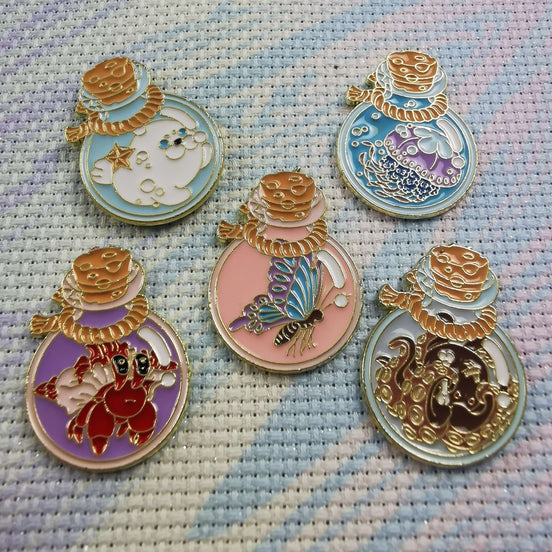 Needle Minder - Bottled Creatures. Seal Pup, Crab, Octopus, Jellyfish, Butterfly