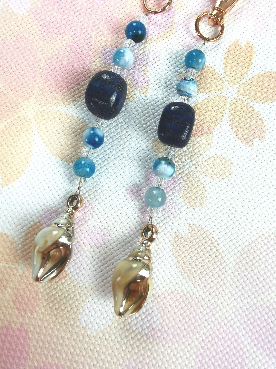 Beaded Scissor Keep. Lapis Lazuli Centre Stone. Gilded Shell Charm.