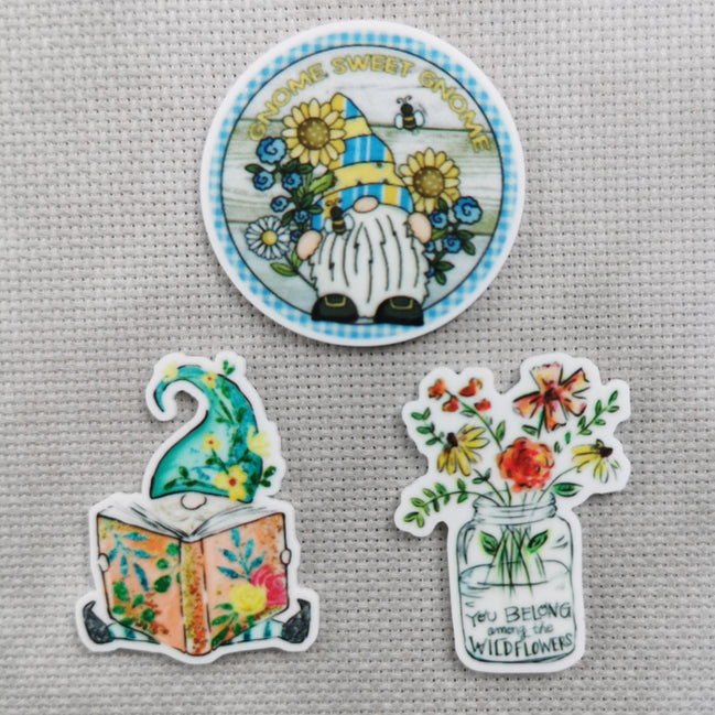 Needle Minder - Bookworm Gonk, Gnome Sweet Gnome, Wildflowers Jar.