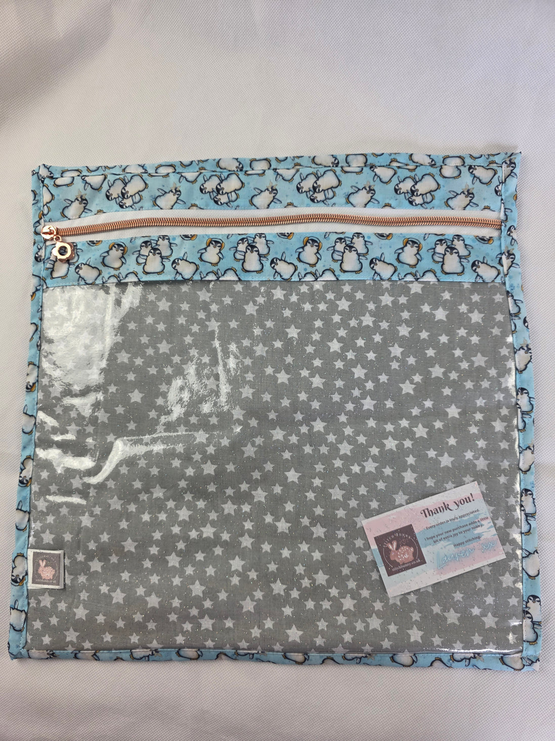 WIP Project Bag - Stars & Penguins GLITTER front