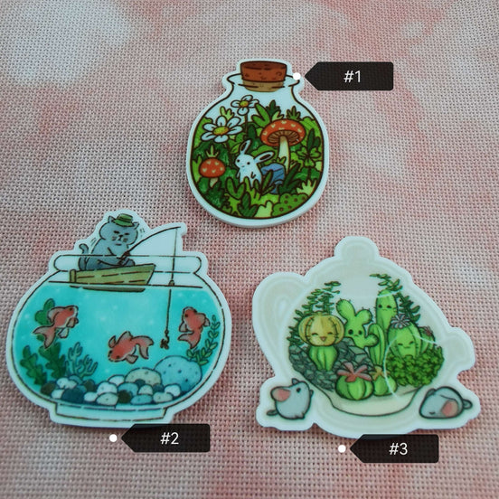 Needle Minder - Cat Fisherman, Bottled Bunny, Teapot Terrarium Cactus & Mice.