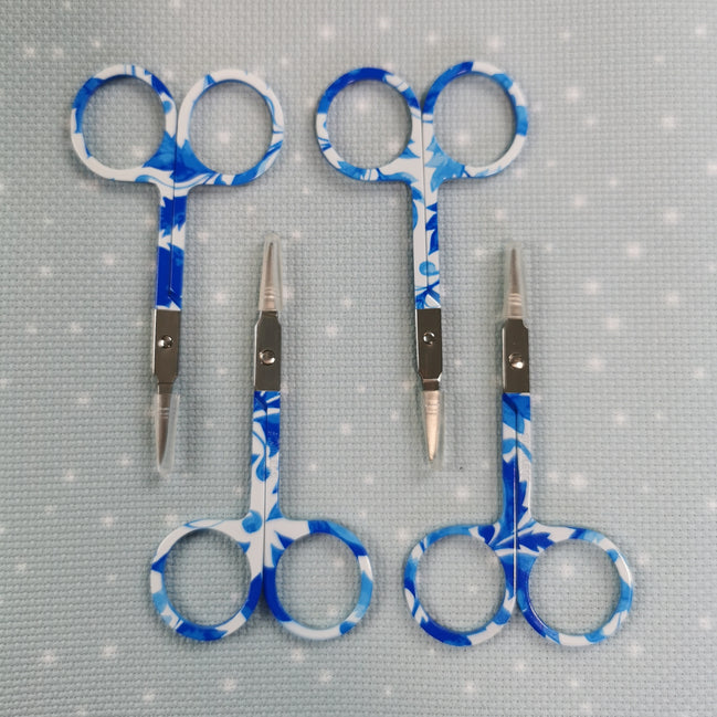 White & Blue Foliage Print Embroidery Scissors with Cover