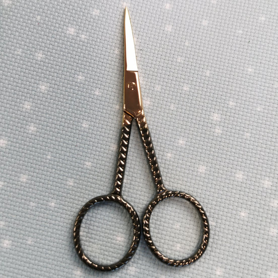 Gunmetal to Gold Rope Twist Embroidery Scissors with Cover