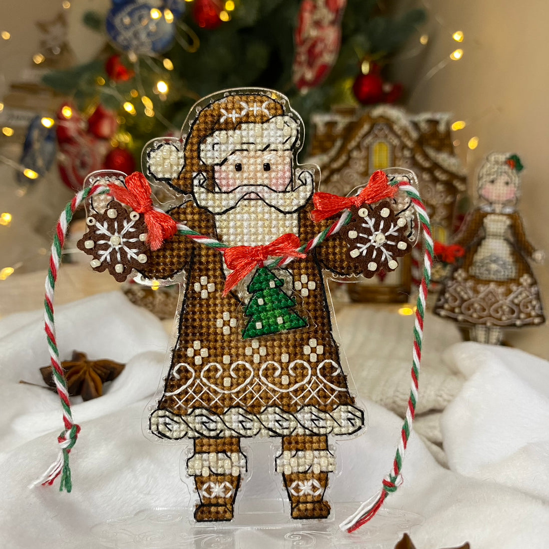 Gingerbread Mr & Mrs Santa (2 in 1). Cross Stitch Ornament Kit.
