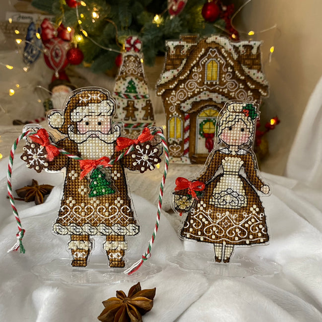 Gingerbread Mr & Mrs Santa (2 in 1). Cross Stitch Ornament Kit.