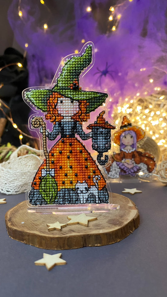 Witch with cats. Cross Stitch Ornament Kit.